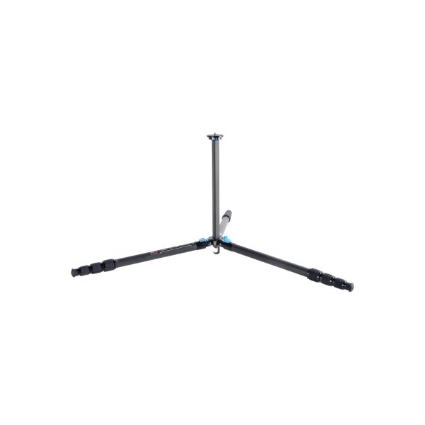 The Sirui ST-224 carbon fibre tripod, a black tripod, is fully extended, legs wide apart and horizontal against a white background.
