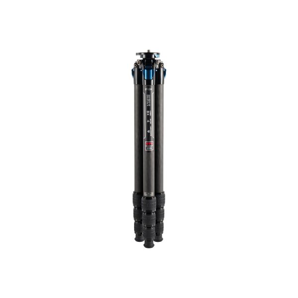 Sirui ST-224 carbon fibre tripod, black and blue carbon fibre tripod with multiple legs, shown folded and upright against a white background.