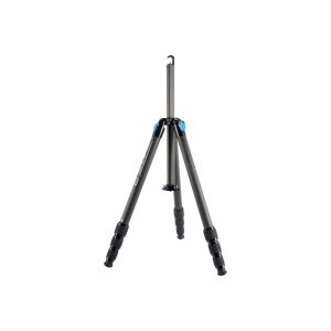 The Sirui ST-224 carbon fibre tripod is a black and blue carbon fibre tripod with three extendable legs and a central column, shown fully extended on a white base.
