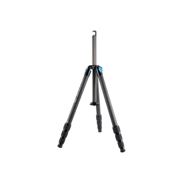 The Sirui ST-224 carbon fibre tripod is a black and blue carbon fibre tripod with three extendable legs and a central column, shown fully extended on a white base.