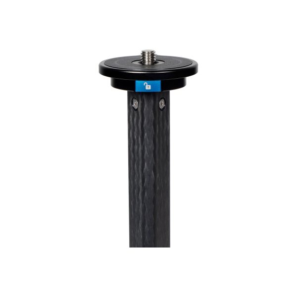 A close-up of the Sirui ST-224 carbon fibre tripod shows its textured black carbon fibre pole, round flat mounting plate and threaded screw on top against a white background.