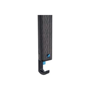 Close-up of the Sirui ST-224 carbon fibre tripod with carbon fibre pattern, with blue button and black metal hook extending from the bottom, isolated on a white background.