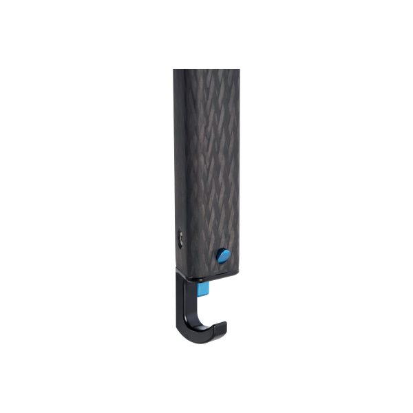 Close-up of the Sirui ST-224 carbon fibre tripod with carbon fibre pattern, with blue button and black metal hook extending from the bottom, isolated on a white background.