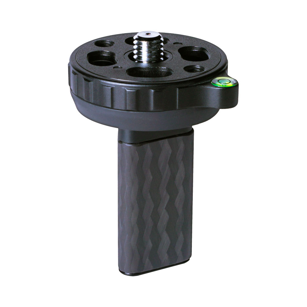 The Sirui ST-Z centre post is a black, cylindrical accessory with a textured vertical handle, multiple mounting holes, a centre screw and an integrated bubble level, shown against a white background.