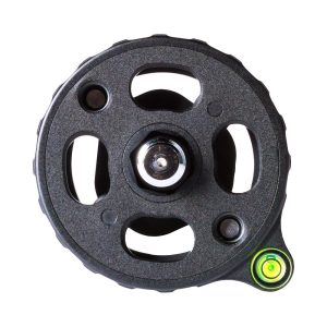A close-up of the Sirui ST-Z Center Column shows its black circular design with cut-outs, a central metal shaft and a small green bubble plate near the edge against a white background.