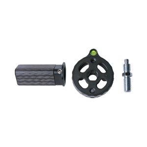 The Sirui ST-Z central pole consists of three parts on a white background: a patterned rectangular handle, a round black plate with slots and a bubble level, and a short metal bolt threaded at both ends.