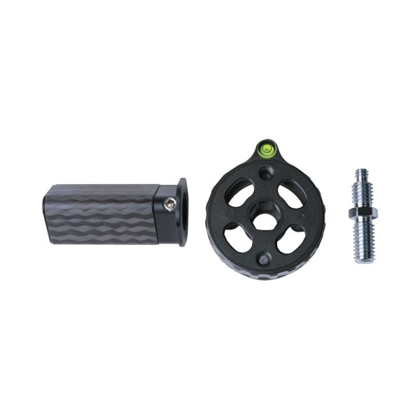 The Sirui ST-Z central pole consists of three parts on a white background: a patterned rectangular handle, a round black plate with slots and a bubble level, and a short metal bolt threaded at both ends.