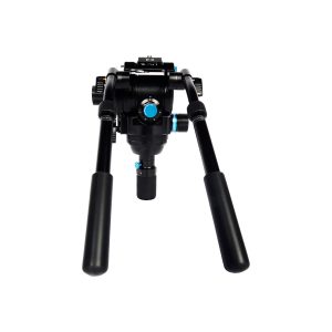 The Sirui SVH15 Pro is a black professional video tripod head with two long padded handles, blue control knobs and different gears, shot from the front against a white background.
