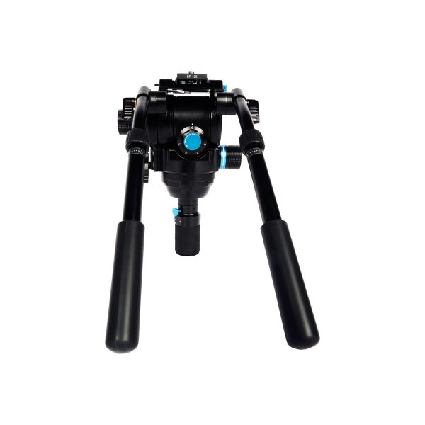 The Sirui SVH15 Pro is a black professional video tripod head with two long padded handles, blue control knobs and different gears, shot from the front against a white background.