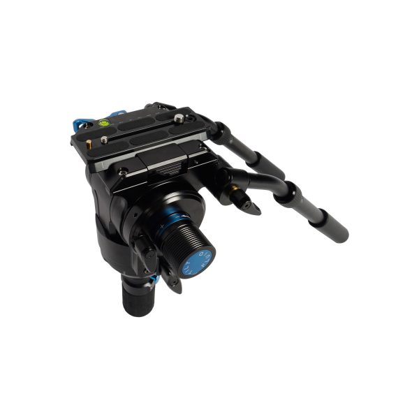 The Sirui SVH15 Pro video head is a professional black and blue camera tripod with two handles, control knobs and a mounting plate, shown isolated on a white background.
