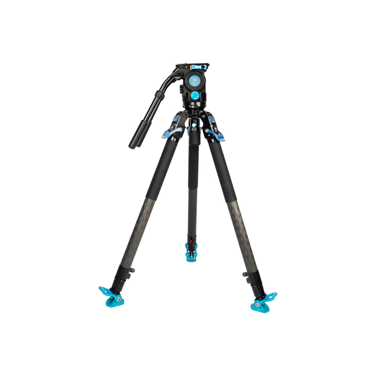 Sirui SVT-75 Pro Lite Videojalusta Sirui SVH15 Pro Videopäällä on ammattikäyttöön tarkoitettu musta kolmijalka, jossa on siniset korostukset, säädettävät hiilikuitujalat, kiinnityspää ja ohjauskahva, kuvassa pystyasennossa valkoisella pohjalla.