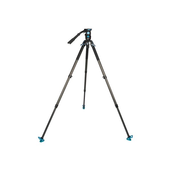 Sirui_SVT75LSVH15_007 Sirui SVT-75 Pro Lite Videojalusta Sirui SVH15 Pro Videopäällä, musta ja sininen, seisoo pystyssä valkoisella pohjalla; siinä on kolme pidennettyä jalkaa, säädettävät jalkalukot ja asennuspäässä kahva.