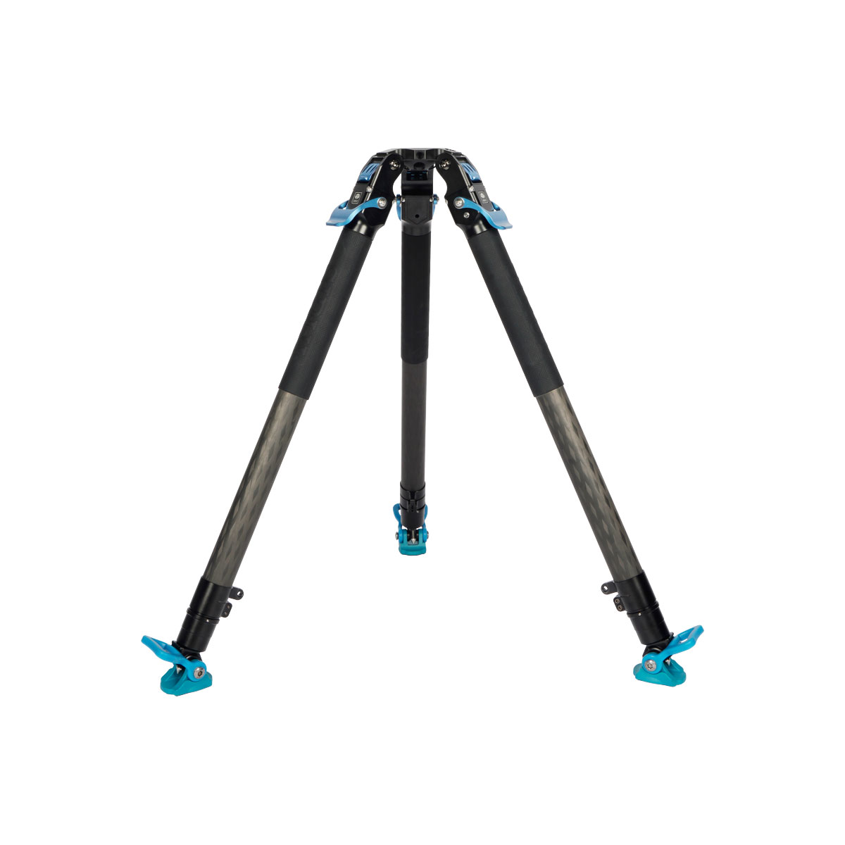 The Sirui SVT-75 Pro Lite video tripod is a tripod camera tripod with carbon fibre legs, black profiles and blue locking mechanisms on the top and bottom of each leg, shown on a white background.