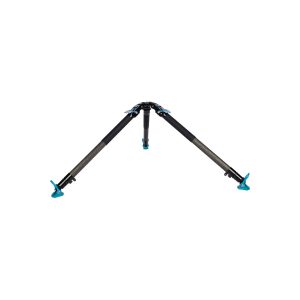 Sirui SVT-75 Pro Lite -videojalusta, jossa on musta muotoilu ja sininen lukitusmekanismi, on esitetty täysin ulosvedettynä, jalat levällään ja litteänä valkoista taustaa vasten.
