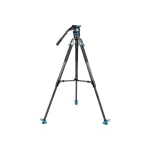 Sirui SVT-75 Pro Videojalusta Sirui SVH15 Pro Videopäällä, mustana ja sinisenä, seisoo täysin ulosvedettynä kahvalla ja ulosvedettävillä jaloilla valkoisella pohjalla.
