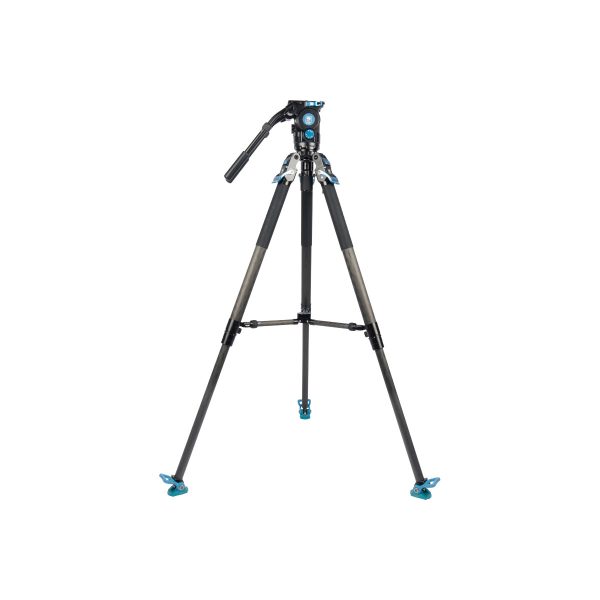 Sirui SVT-75 Pro Videojalusta Sirui SVH15 Pro Videopäällä, mustana ja sinisenä, seisoo täysin ulosvedettynä kahvalla ja ulosvedettävillä jaloilla valkoisella pohjalla.