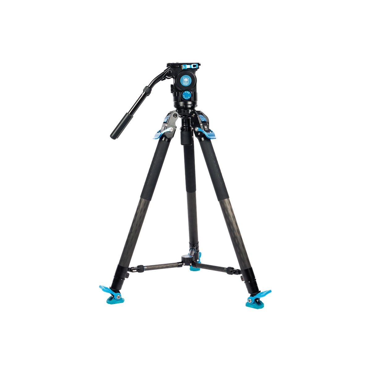 Sirui SVT-75 Pro Videojalusta + Sirui SVH15 Pro Videopäässä on kolme mustaa jalkaa, siniset aksentit ja säädettävä kahva, jotka kaikki näkyvät valkoisella pohjalla.