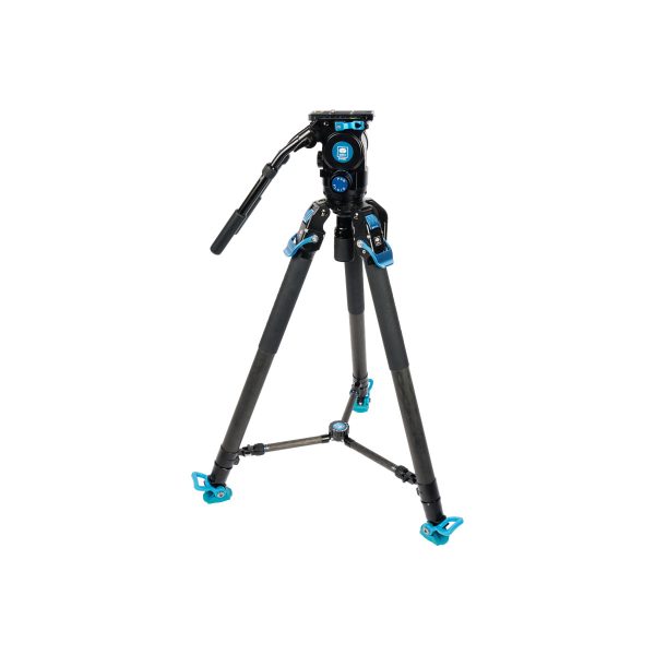 Sirui SVT-75 Pro Videojalusta Sirui SVH15 Pro Videopäällä on mustansininen ammattikäyttöön tarkoitettu kamerajalusta, jossa on säädettävät jalat, nestemäinen panorointikahva ja lukitusmekanismi, kuvassa valkoisella pohjalla.