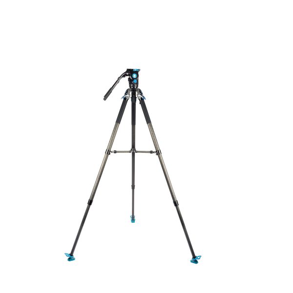 Sirui SVT-75 Pro Videojalusta Sirui SVH15 Pro Videopäällä on musta ja hopeinen kolmijalkainen kolmijalkainen kolmijalkainen jalusta, jossa on sinisiä korostuksia ja joka on esillä valkoista taustaa vasten.