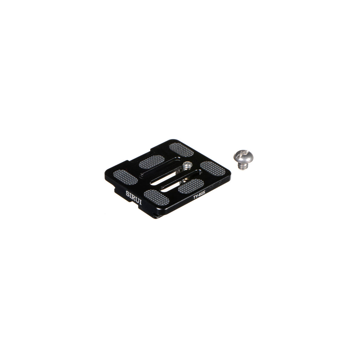 Sirui Quick Release Plate TY-60X -pikalevy on musta levy, jossa on kuvioidut kumikahvat ja erillinen hopeinen kiinnitysruuvi oikealla puolella valkoisella pohjalla.