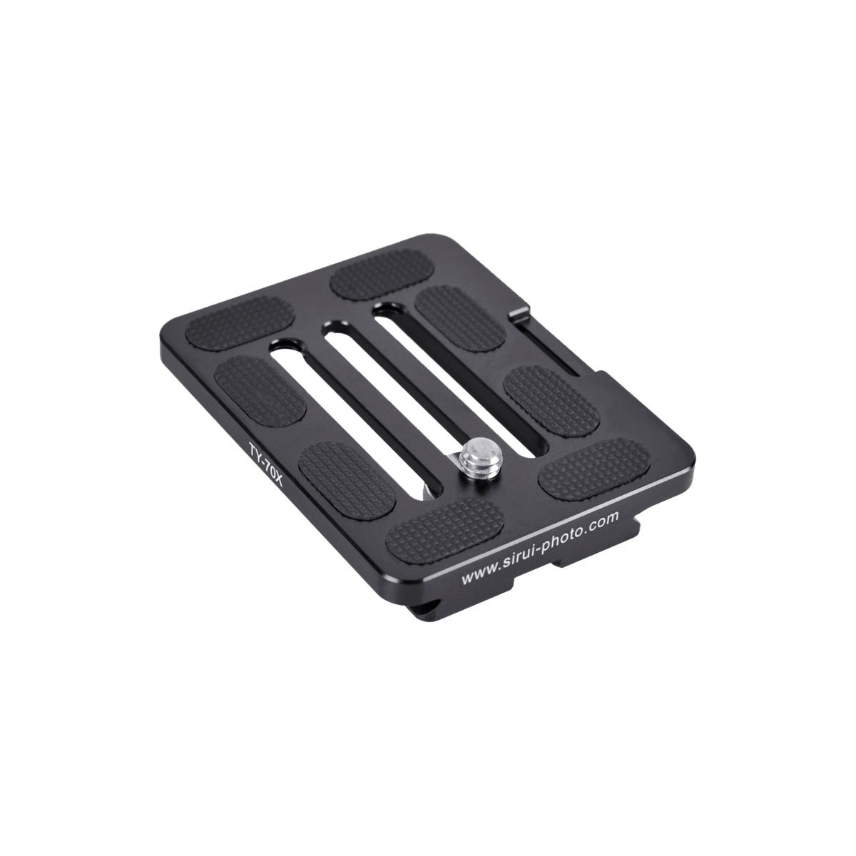 The Sirui Quick Release Plate TY-70X is a black rectangular plate with textured grip pads, a central screw and two oblong slots. It is shown on a white background with "www.sirui-photo.com" printed on one edge.