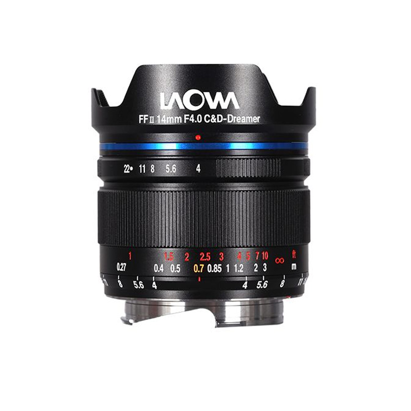 The Laowa 14mm f/4 FF RL Zero-D L-mount lens with wide front element, focus and aperture markings and metal mount is shown against a white background.