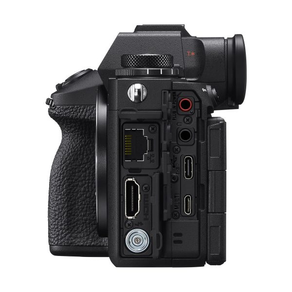 Side view of the Sony A9 III system camera from close-up, with its ports visible above the textured grip, showing HDMI, USB, audio, LAN and other connection ports.