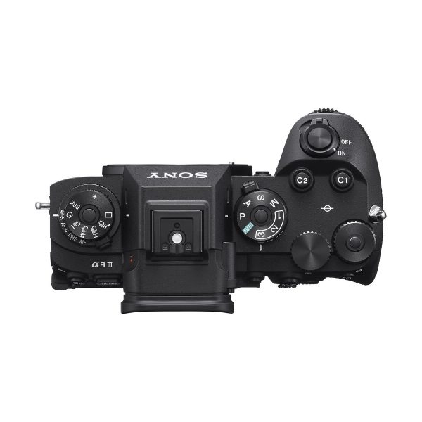 Top-down view of the black Sony A9 III system camera, showing the control dials, buttons and switches, including the mode dial, on/off switch, shutter button and custom function buttons.