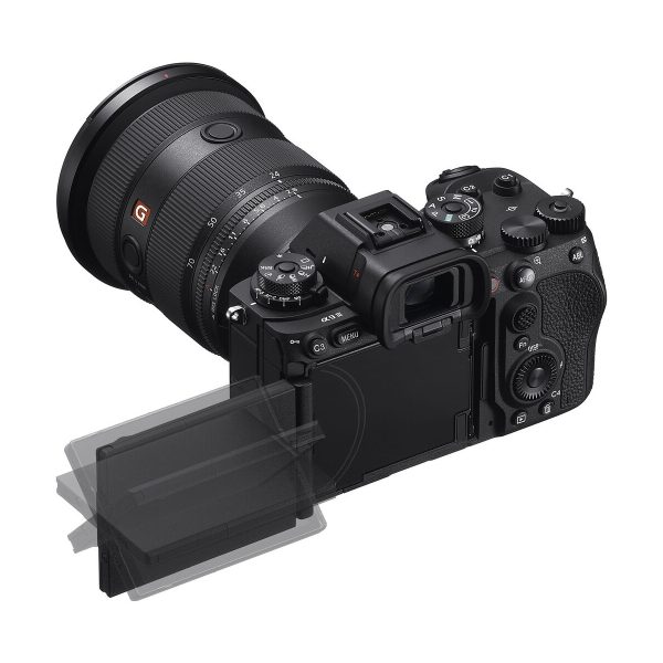 The Sony A9 III system camera has a large lens, black body and articulated LCD screen that swings out from the back and tilts or swivels for a flexible viewing angle.
