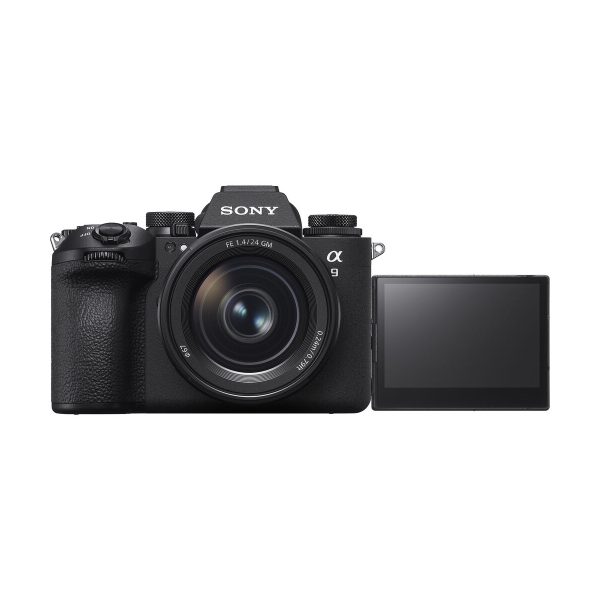 The Sony A9 III system camera is presented in black, with a large lens and a LCD screen that pulls out to the side against a white background.