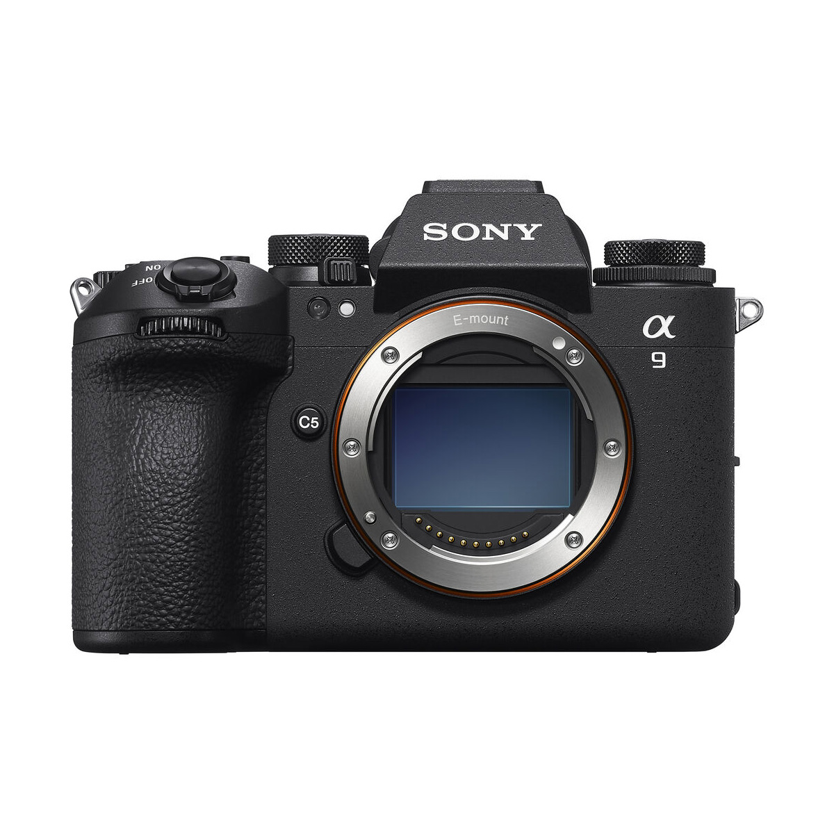Front view of the Sony A9 III system camera, body showing its black textured grip, control dials and lens mount with the sensor visible without the lens attached.