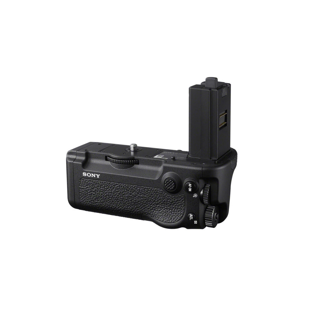 The Sony VG-C5 is a black battery grip with a textured handle, adjustment wheels and an extended battery compartment. It attaches to the camera tripod for extra power and better handling.