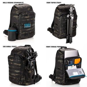 Tenba Axis v2 32L Backpack MultiCam -kamerareppu näkyy neljästä kulmasta, ja siinä on MOLLE-verkko, jalustan pitelevät eturemmit, sivutasku, jossa on gimbaali, ja avoin etuosa, jossa säilytetään kannettavaa tietokonetta ja tarvikkeita.