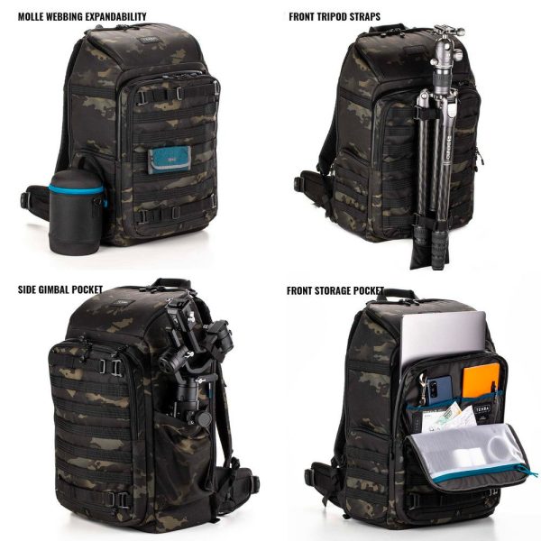 Tenba Axis v2 32L Backpack MultiCam -kamerareppu näkyy neljästä kulmasta, ja siinä on MOLLE-verkko, jalustan pitelevät eturemmit, sivutasku, jossa on gimbaali, ja avoin etuosa, jossa säilytetään kannettavaa tietokonetta ja tarvikkeita.