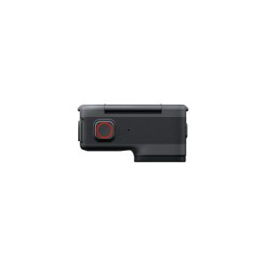 Insta360_Acepro_006 Mustan Insta360 Ace Pro 8K Actionkameran sivukuva, jossa on minimaalinen suorakulmainen muotoilu, suuri punaisella ympyröity painike ja hieman ulkoneva kahva oikeassa alakulmassa.