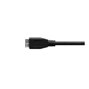 TetherPro-USB-30-to-Micro-B Lähikuva Tether Tools TetherPro USB 3.0 - Micro-B - Musta -kaapelista, jossa on suorakulmainen liitin, valkoista taustaa vasten.