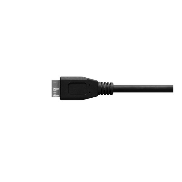 TetherPro-USB-30-to-Micro-B Lähikuva Tether Tools TetherPro USB 3.0 - Micro-B - Musta -kaapelista, jossa on suorakulmainen liitin, valkoista taustaa vasten.