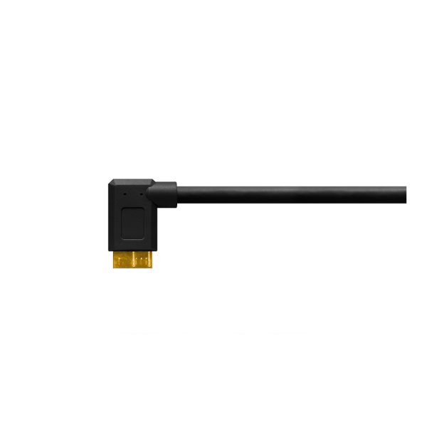 Tether Tools TetherPro USB 3.0 - Micro-B Right Angle - Musta on musta kaapeli, jossa on suorakulmainen liitin ja pieni kullanvärinen pistoke valkoisella pohjalla.