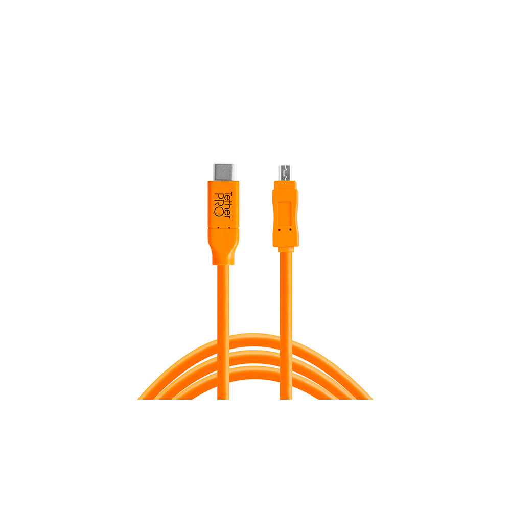 Tether Tools TetherPro TetherPro USB-C-2.0 Mini-B 8-napaiseen kaapeliin kuuluu kirkkaan oranssi muotoilu, jossa sekä USB-C- että mini-B-liittimet näkyvät selvästi valkoista taustaa vasten.