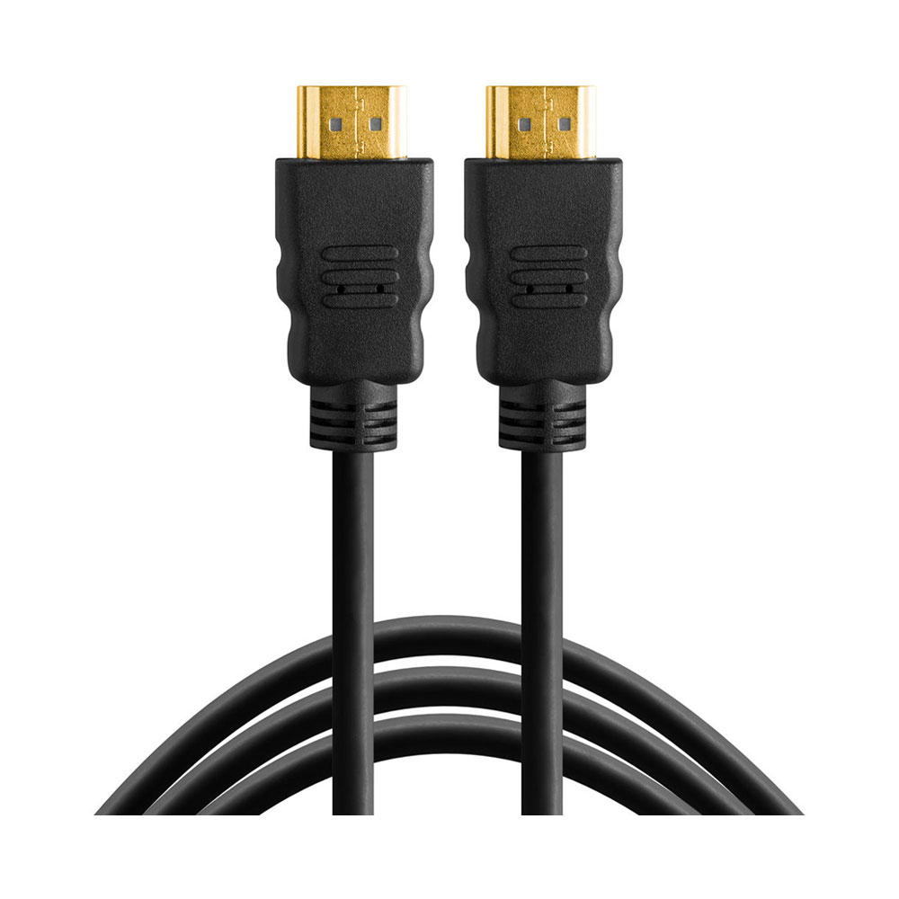 tether_tools_hdmi-a_to_hdmi-a_01 Kaksi Tether Tools TetherPro TetherPro HDMI A - HDMI A 7,6 m:n mustaa kaapelia, joissa on kullatut liittimet, ovat pystyssä valkoista taustaa vasten, ja kaapelit ovat käärittyinä alareunassa.
