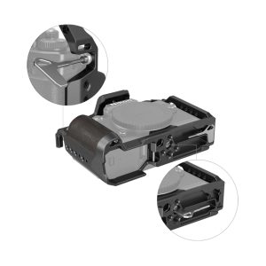 SmallRig 4261 Cage for Nikon Z f on kiinnitetty turvallisesti DSLR-kameraan, kuvassa kulmasta, jossa kaksi zoomattua ympyrää korostaa kiinnityspisteitä ja häkin rakenteellisia yksityiskohtia.
