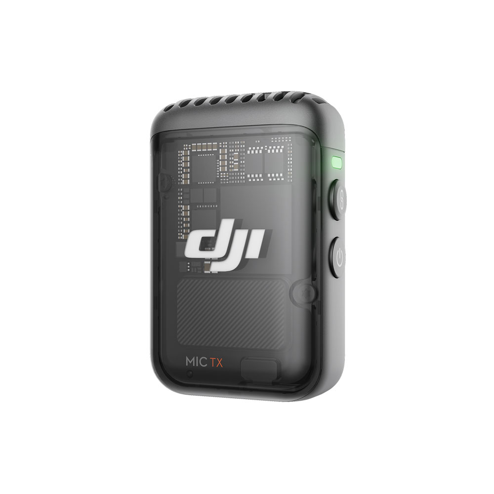 DJI Mic 2 -lähetin, musta on kompakti, suorakulmainen musta langaton mikrofonilähetin, jossa on DJI-logo, kaksi sivupainiketta, läpikuultavasta kotelosta näkyvät piirin yksityiskohdat ja valaistu vihreä merkkivalo.