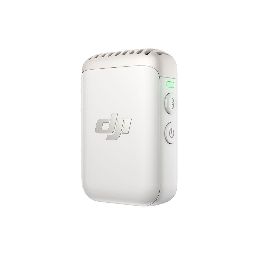 DJI Mic 2 -lähetin, valkoinen, on valkoinen, suorakaiteen muotoinen laite, jossa on pyöristetyt reunat, etupuolella logo ja kaksi sivupainiketta, joissa on merkkivalot.