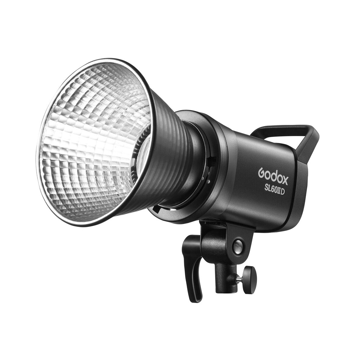 The Godox SL60IID LED Video Light with large reflector, mounted on a black adjustable bracket, is shown against a white background.