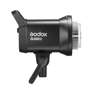 Sivukuva Godox SL60IID LED-videovalaisimesta -LED-valo mustana, jossa on kiinnitysteline ja säätönupit, ihanteellinen valokuvaukseen ja videotuotantoon.