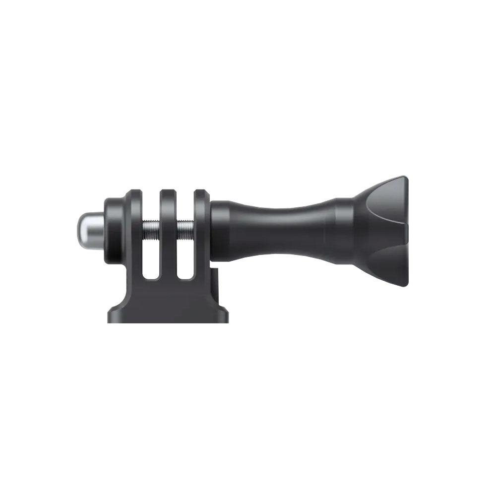 Lähikuva Insta360 3-piikkinen 1/4" adapterista, jossa on musta ruudullinen kahva ja kierteitetty metallikärki, joka on suunniteltu kiinnittämään kamerat kiinnityskannattimiin.