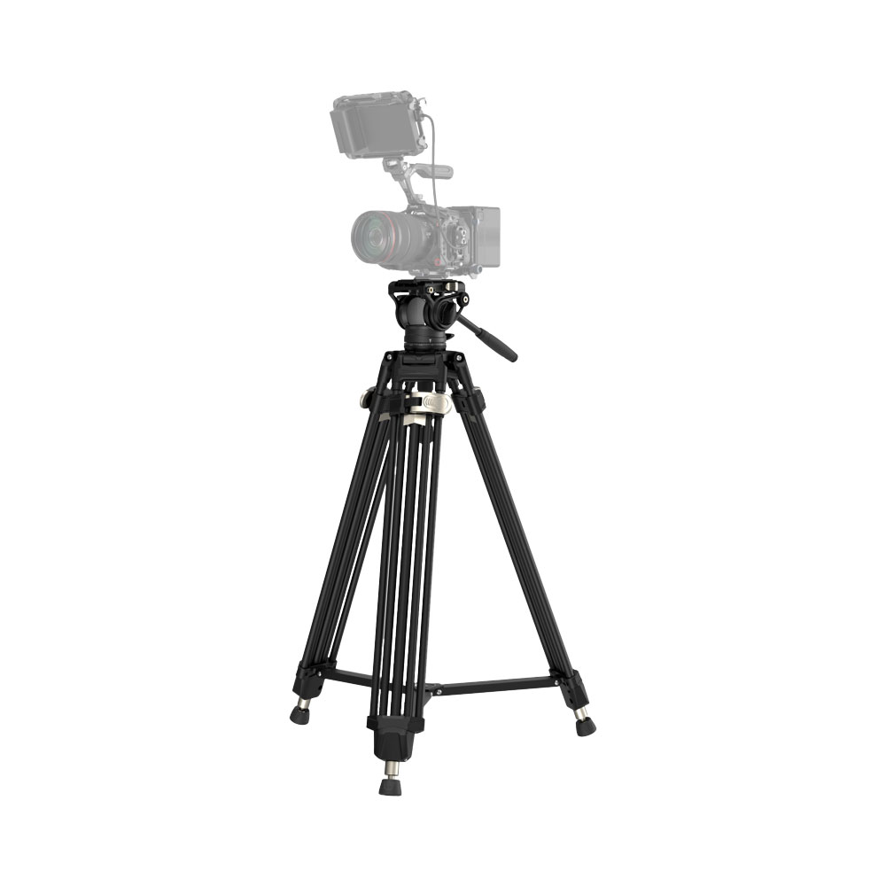 SmallRig 4163 Heavy-Duty Aluminium Video Tripod Kit FreeBlazer AD-80, pictured with adjustable feet and mounted digital camera with microphone and monitor, is set against a white background.