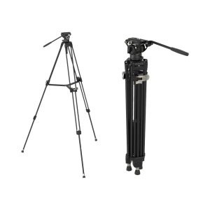 Pictured are two SmallRig 4163 Heavy-Duty Aluminium Video Tripod Kit FreeBlazer AD-80 tripods: one fully extended and upright, the other folded for storage. Both have adjustable legs and a pan handle.