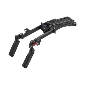 The SmallRig 4274 Shoulder Rig Kit Pro is a black, two-handled camera stand with adjustable arms and mounting plate designed to stabilize professional video cameras when shooting from the arm.