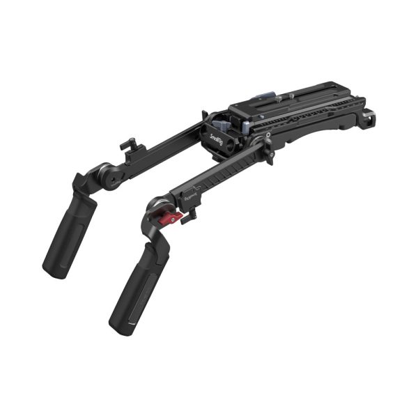 The SmallRig 4274 Shoulder Rig Kit Pro is a black, two-handled camera stand with adjustable arms and mounting plate designed to stabilize professional video cameras when shooting from the arm.